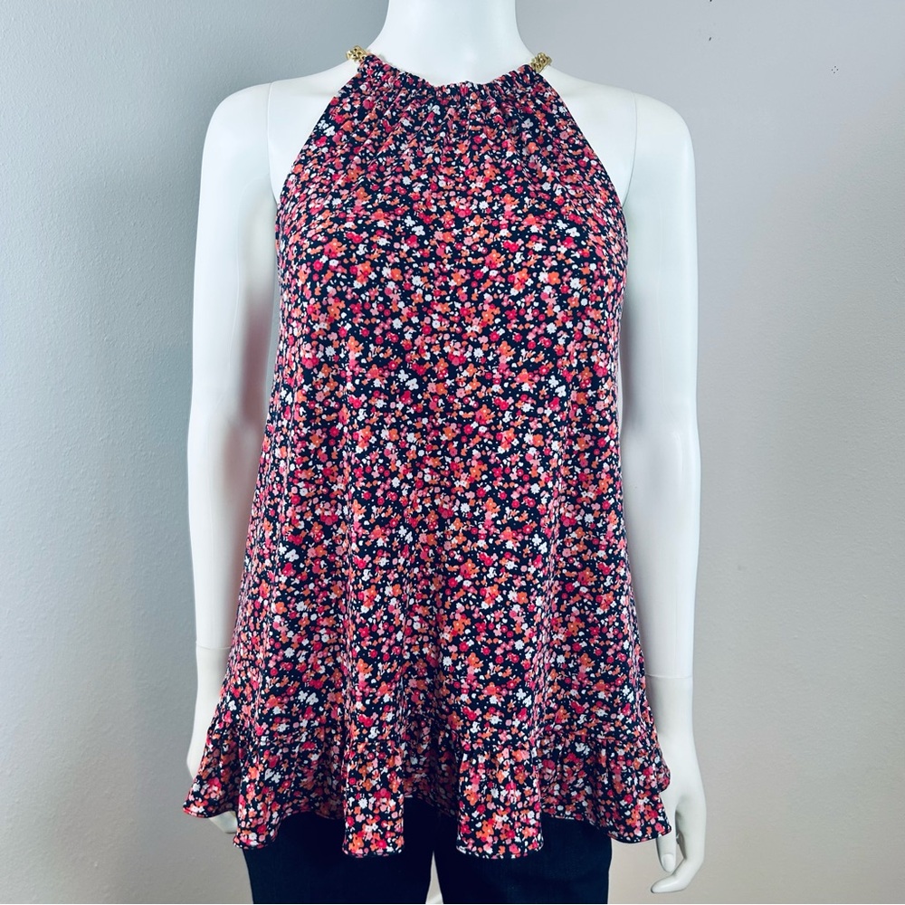 Michael Kors Navy & pink Tank Top Blouse gold chain straps . Size small